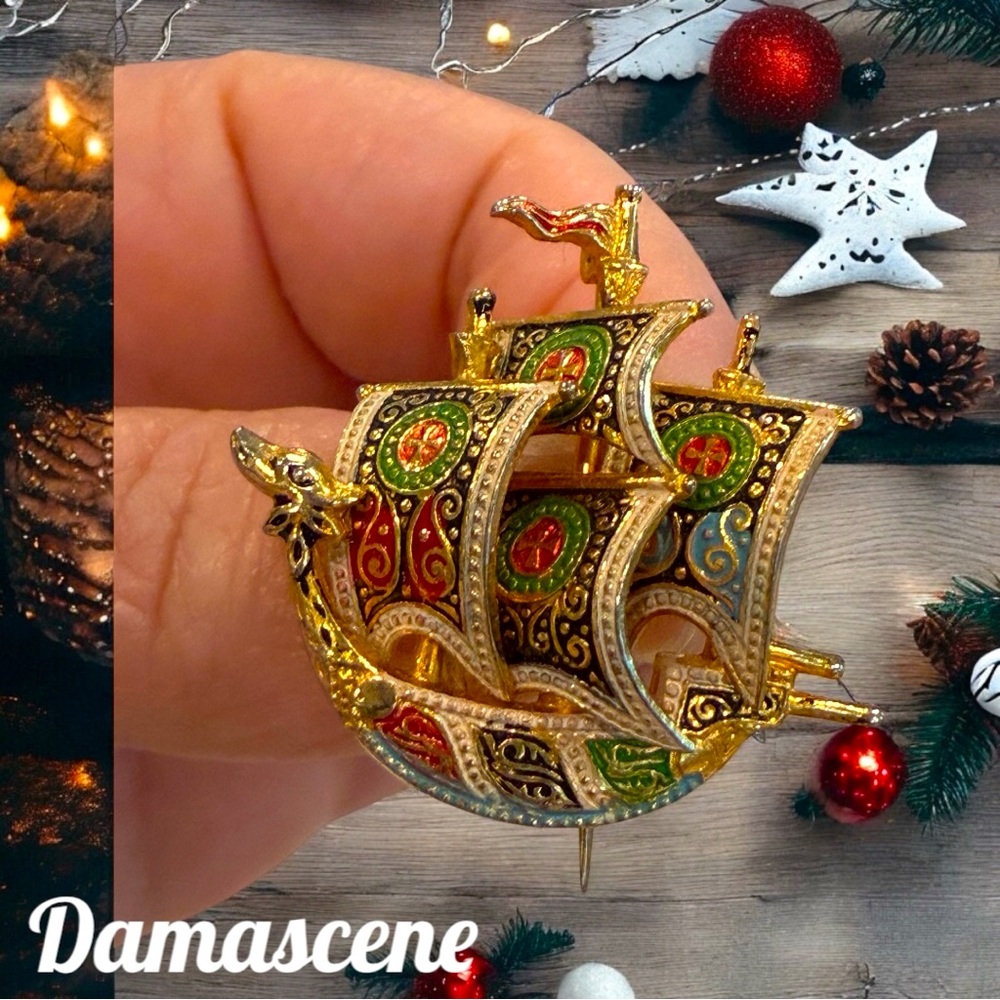 Damascene Spanish Galleon Ship Brooch Vintage Toledo Bohemian Jewelry